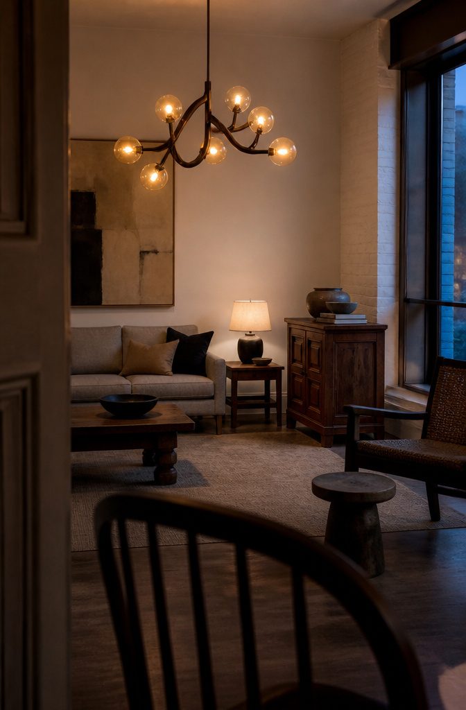 Abacus Chandelier hanging above living room furniture with a painting behind it