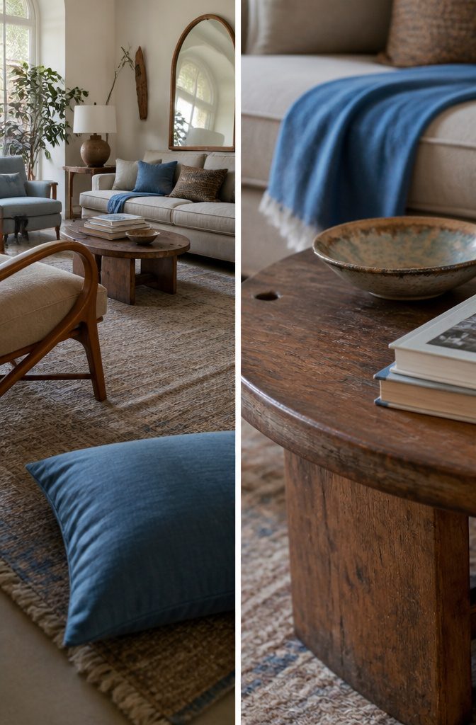 Living room with beige and gray furniture, blue accents, and varied materials
