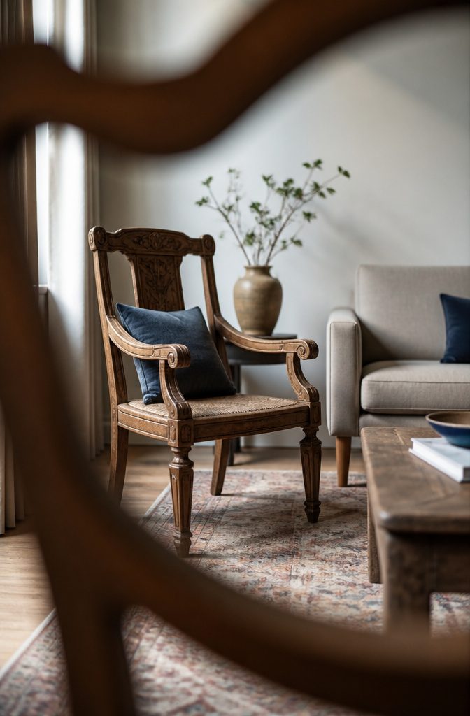 Vintage armchair and unusual side table beside modern living room furniture