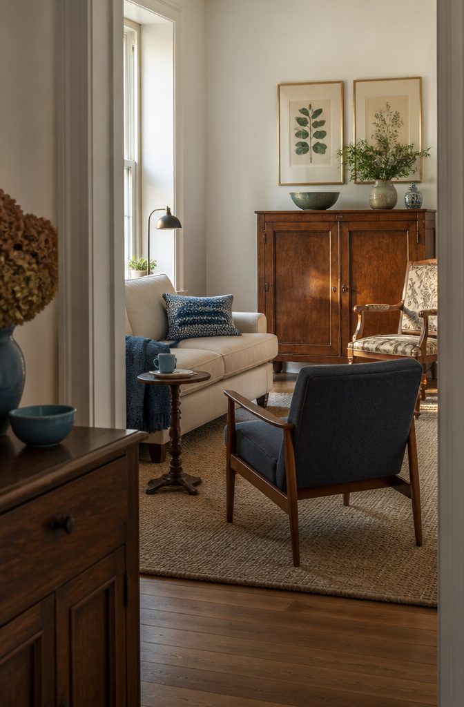 Modern sofa beside an antique side table and vintage wooden cabinet in a living room