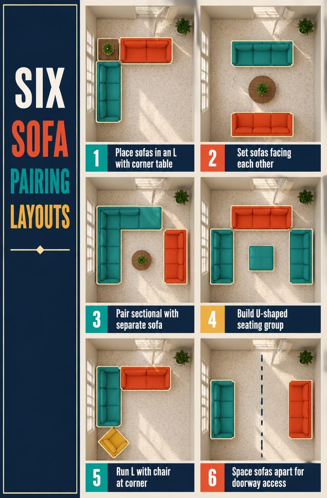 Six sofa pairing layout diagrams for living room seating arrangements