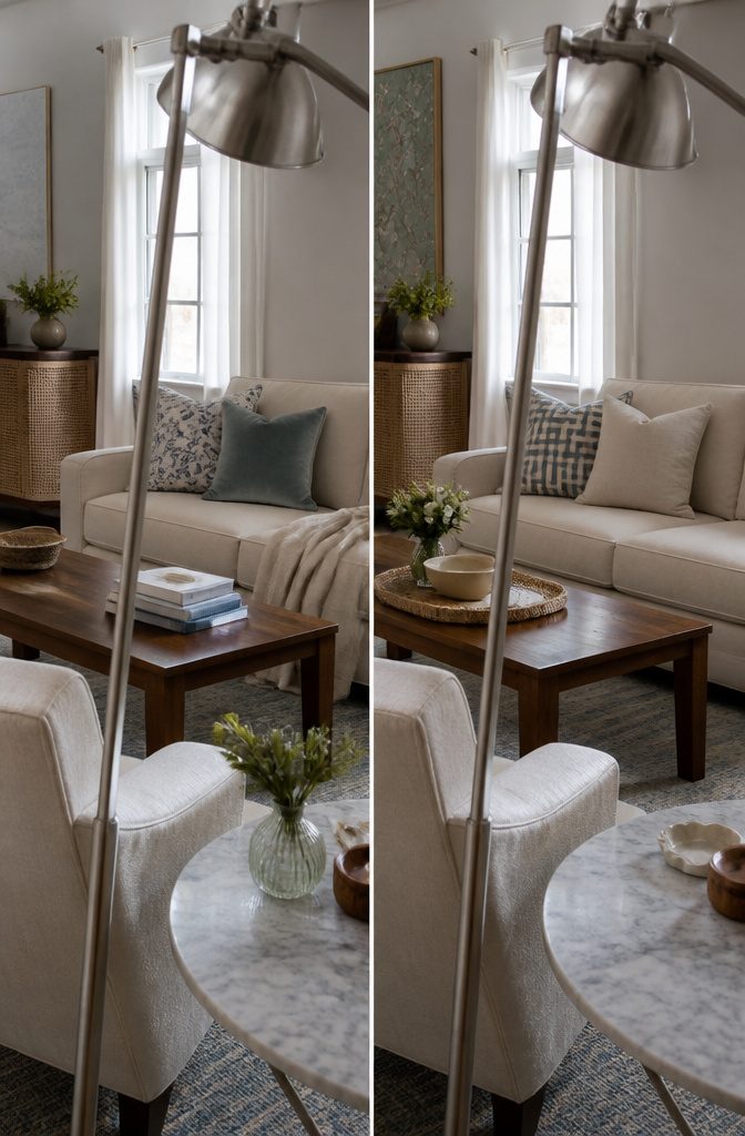 Living room furniture and decor combining leather, linen, metal, rattan, and marble