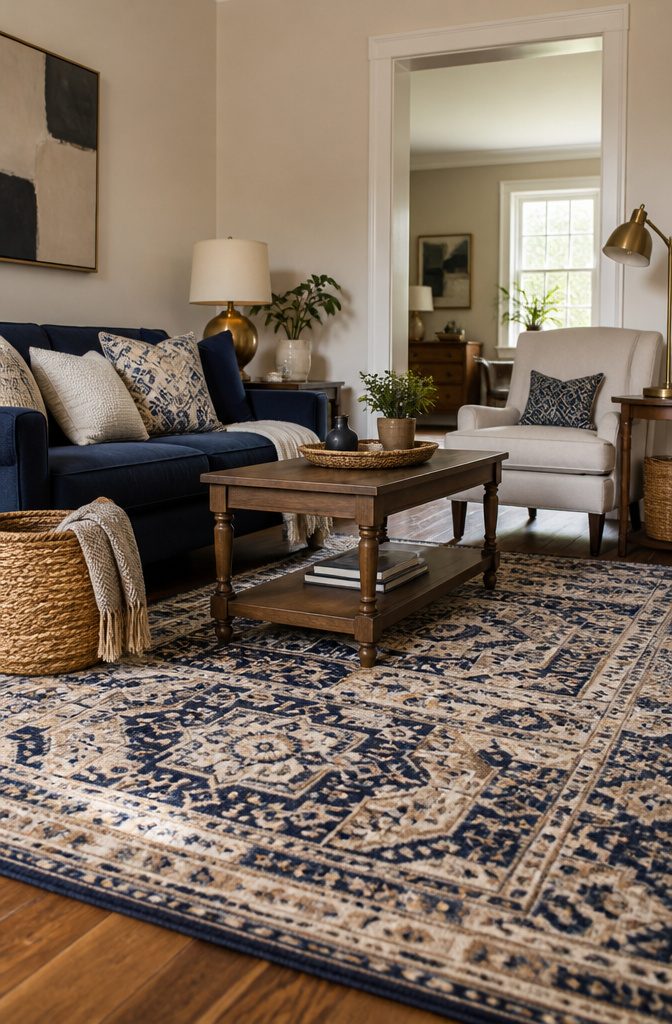 Patterned rug beneath navy sofa, cream chair, and mismatched coffee table