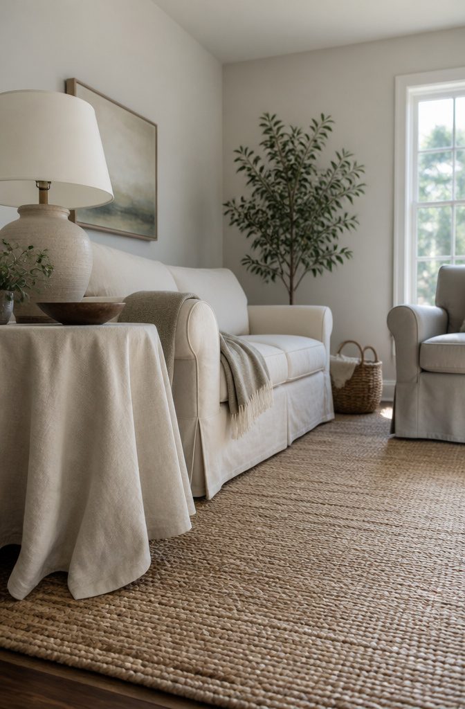 Cream linen covered floral loveseat beside neutral chair and cloth-covered side table