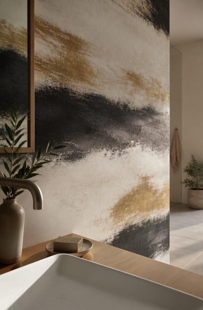 Black and muted gold horizontal strokes on an off-white bathroom wall