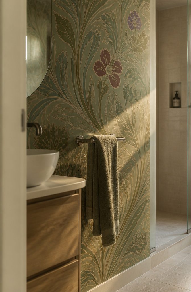 Curved Art Nouveau wallpaper beside a frameless mirror and bathroom fixtures