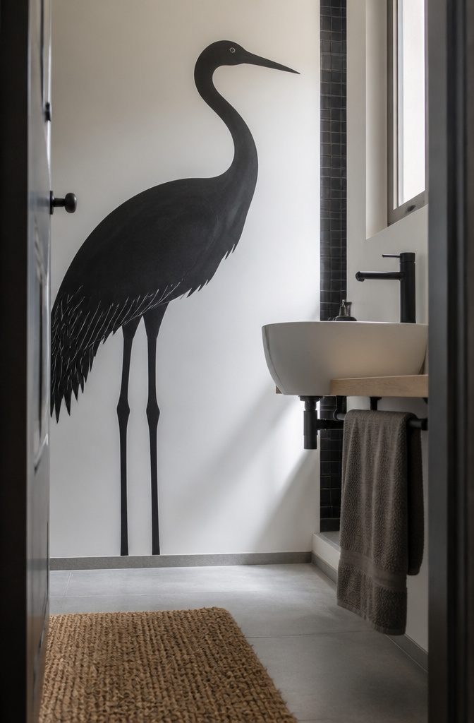 Large bird motif on a bathroom wall above a toilet