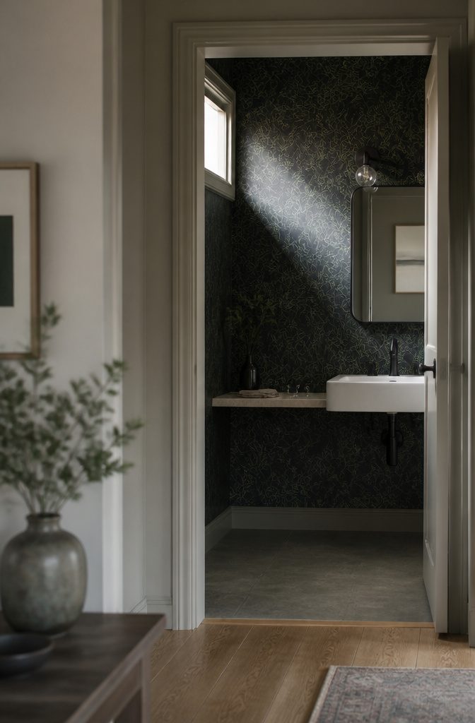 Deep green leafy wallpaper behind a simple bathroom vanity