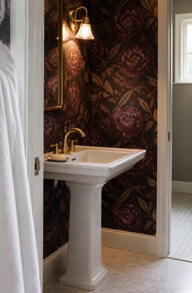 Dark plum floral wallpaper above a white bathroom sink