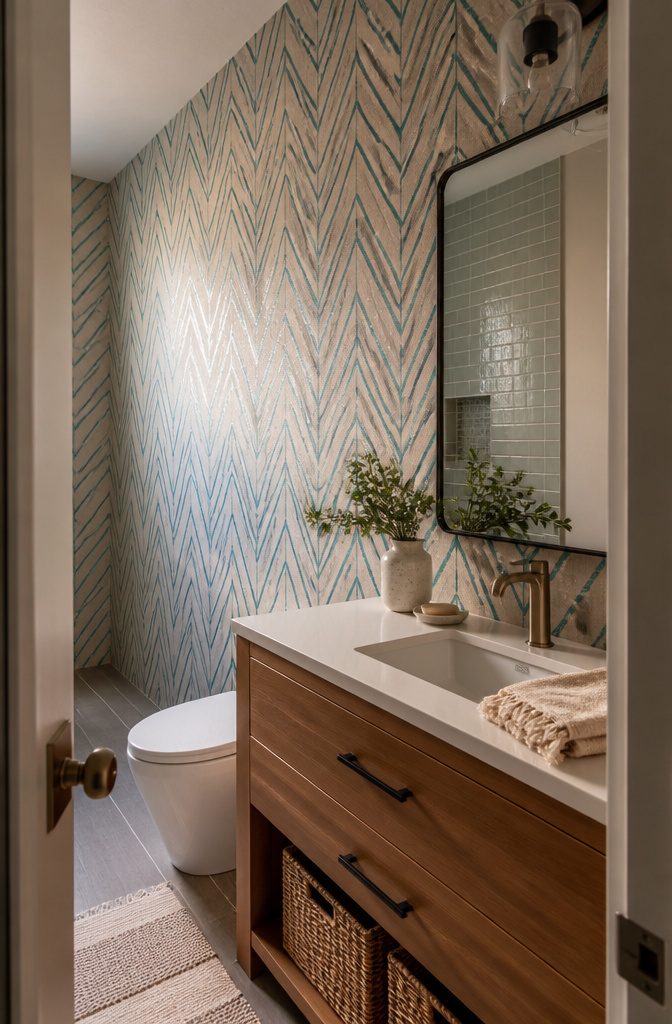 Vertical teal chevrons above a wood vanity with a white basin