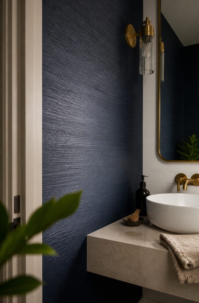 Navy woven sisal wallpaper beside a white basin and brass tap