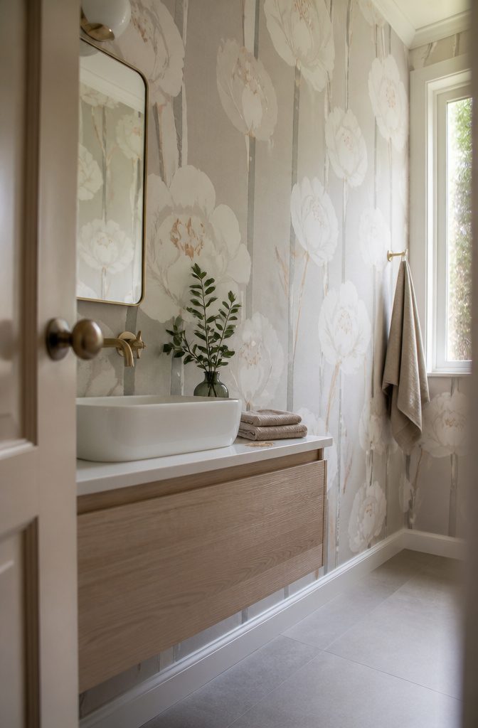 Oversized floral wallpaper with vertical stripe-like lines behind a vanity