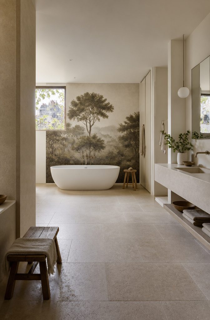 Meadow mural covering a bathroom wall behind a vanity