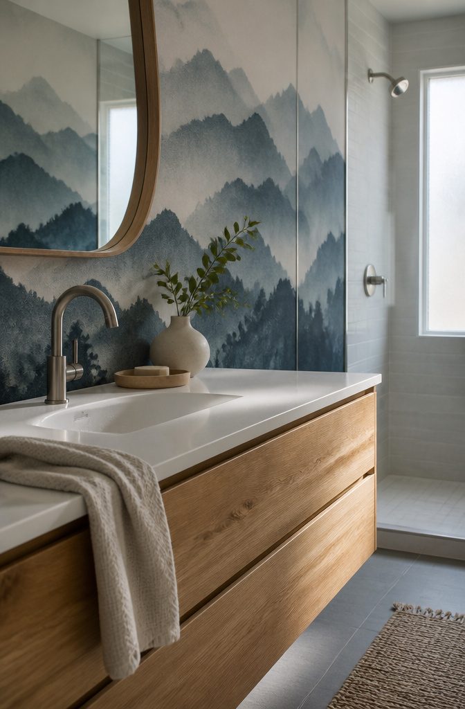 Repeated slate-blue mountain panels behind a floating bathroom vanity