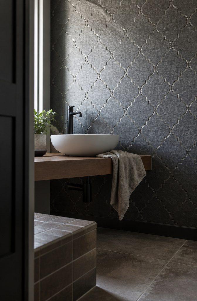 Embossed stone-effect wallpaper on a bathroom wall beside a basin