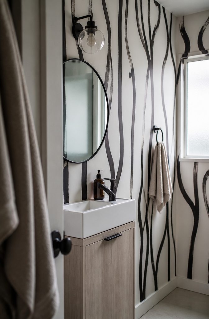 Subtle grey stripes on a white bathroom wall beside a vanity