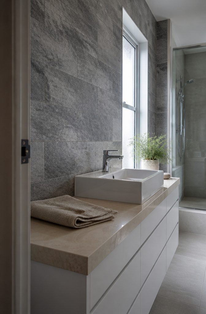 Grey slate-effect wallpaper beside a white basin and pale stone counter