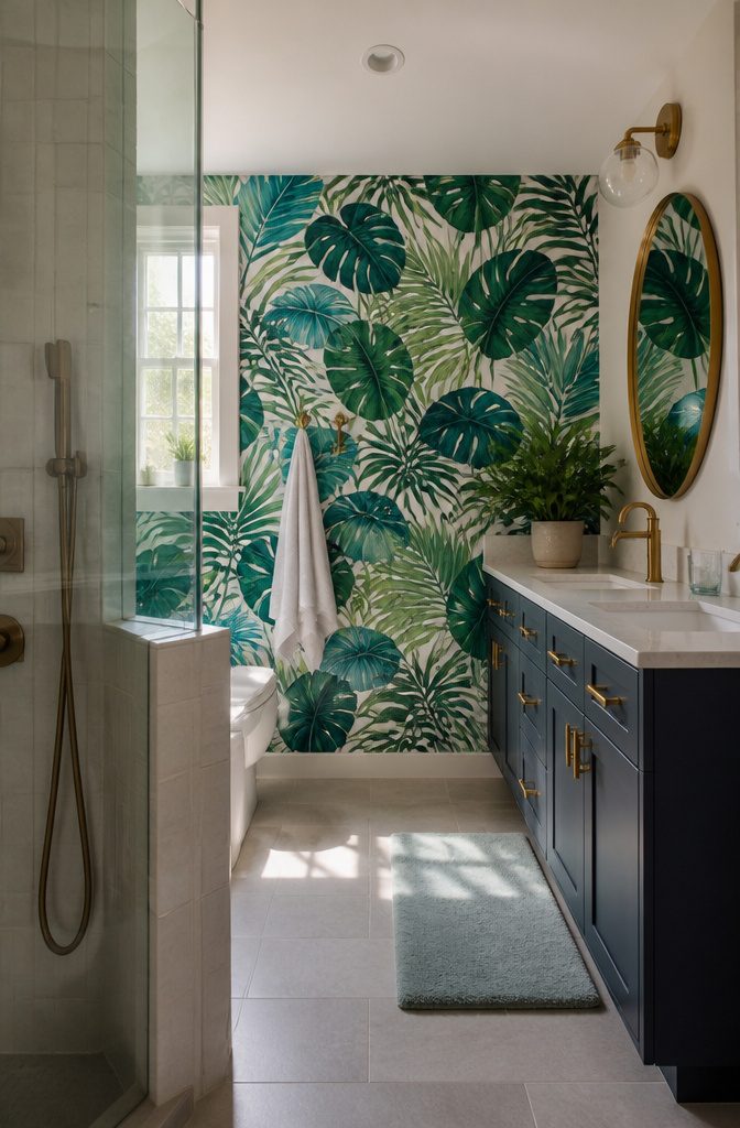 Large green tropical leaves on a bathroom accent wall beside white fixtures