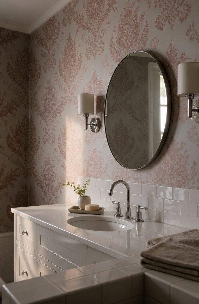 Dusty rose damask wallpaper above white tile in a modern bathroom