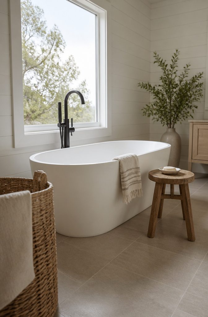 Freestanding white bathtub placed beneath a bathroom window