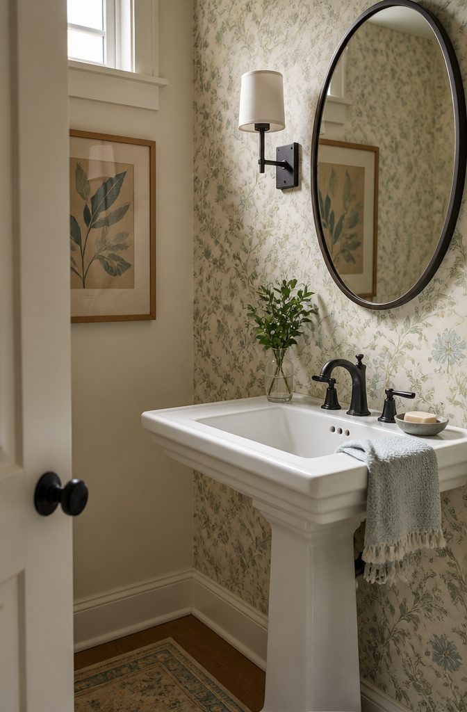 White pedestal sink with black faucet against muted botanical wallpaper