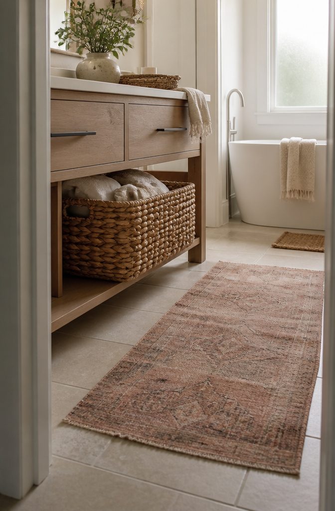 Chunky seagrass basket beneath a white oak vanity beside a faded cotton runner