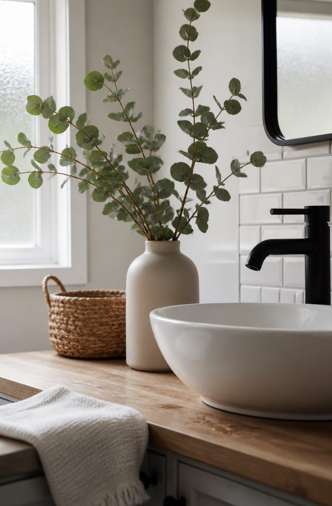 Green branches arranged beside a bathtub in a light neutral bathroom