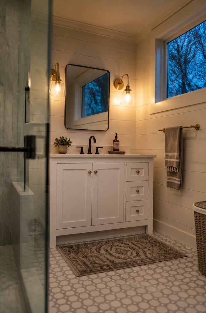 Brass pendant light and sconces against white shiplap and pale tile