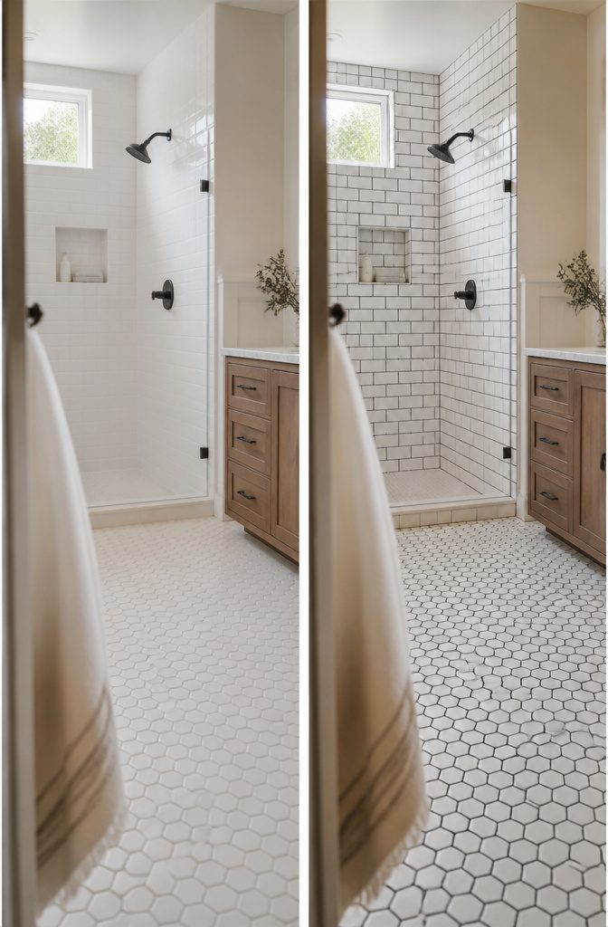 Bathroom with white subway tile walls and a hexagonal tile floor