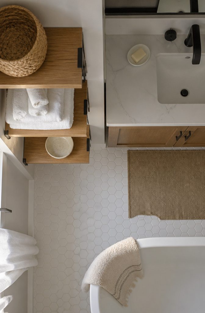 Light-stained wood shelves holding woven baskets and folded towels