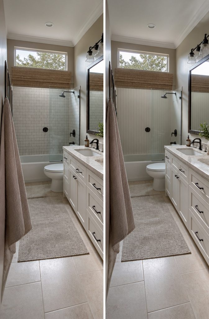 Small bathroom with a skylight above light walls and a large mirror