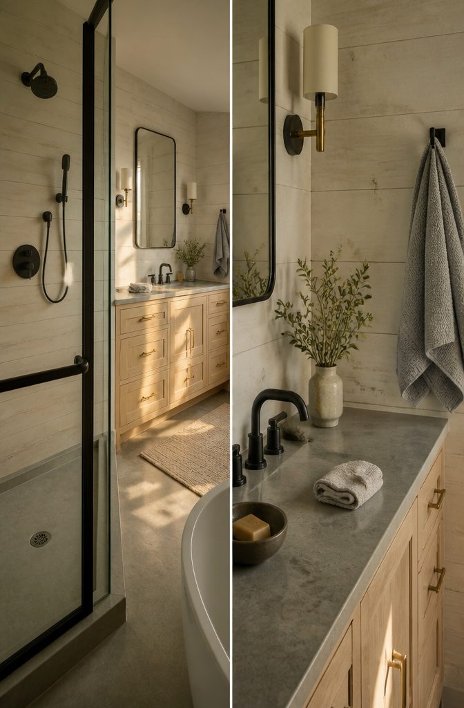 Reclaimed wood bathroom wall beside matte black fixtures and clean-lined tile