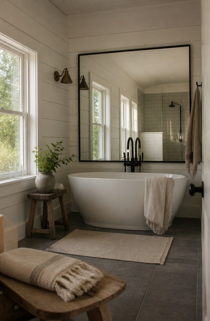 Large bathroom mirror mounted above a freestanding tub
