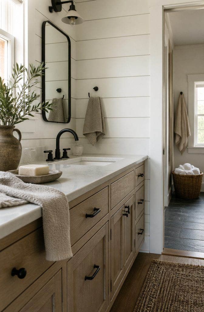 Pale vanity beneath horizontal white shiplap with black faucet and dark pulls