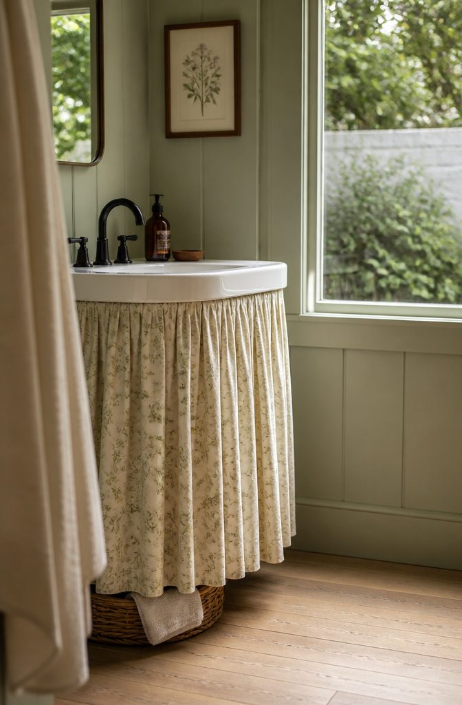 Pedestal sink with pleated floral skirt beneath paneled walls and a fitted mirror