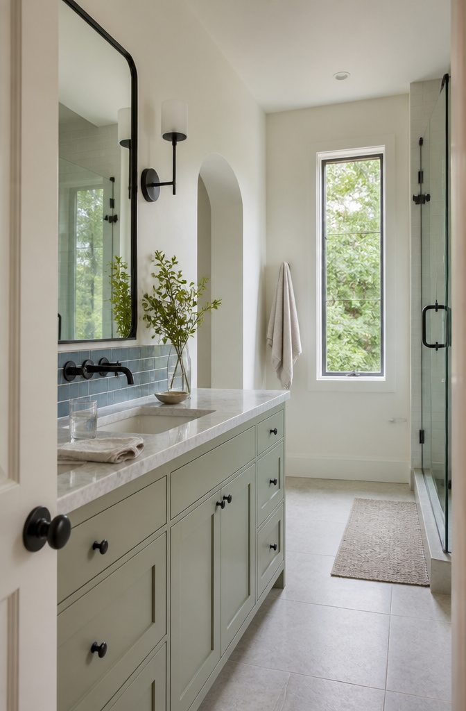 Sage-green vanity with pale marble counter and leafy branches outside a window