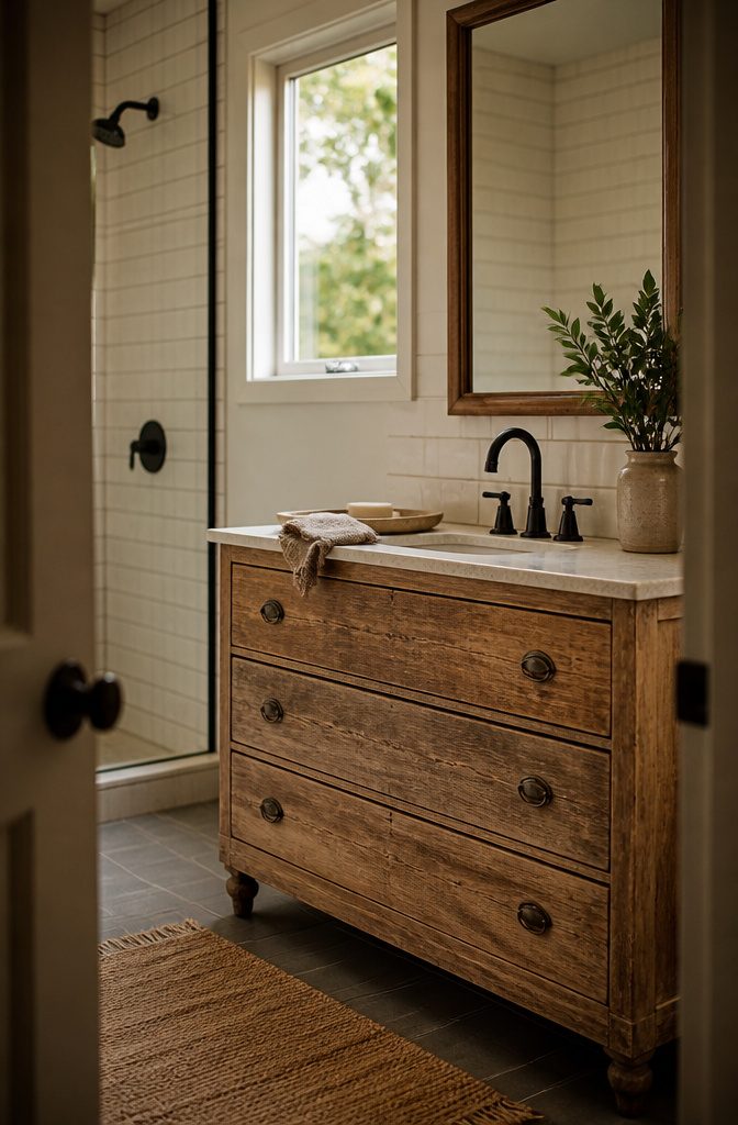 Antique dresser converted into a bathroom vanity beside a distressed mirror