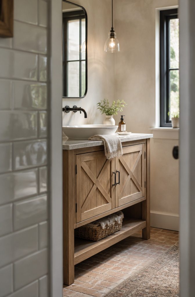 Natural wood bathroom vanity with white marble and matte black fixtures