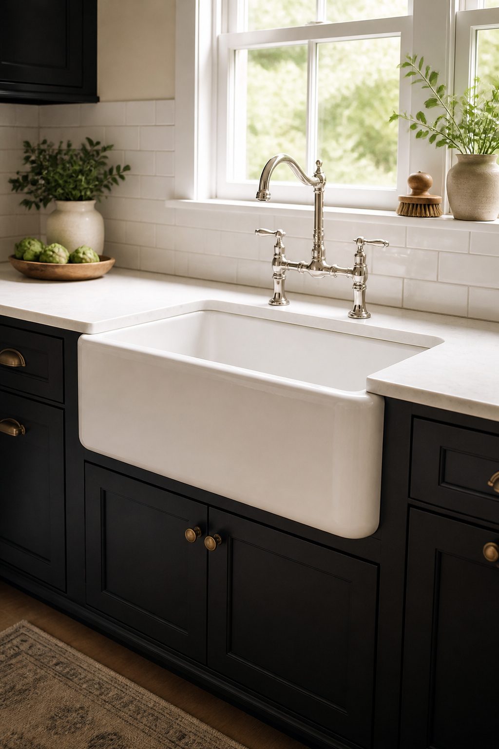 A farmhouse sink with an exposed apron front in a kitchen.