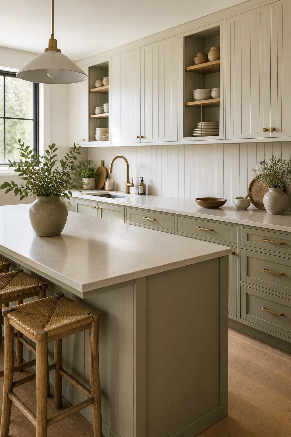 Upper cabinets with beadboard paneling and a soft matte finish.