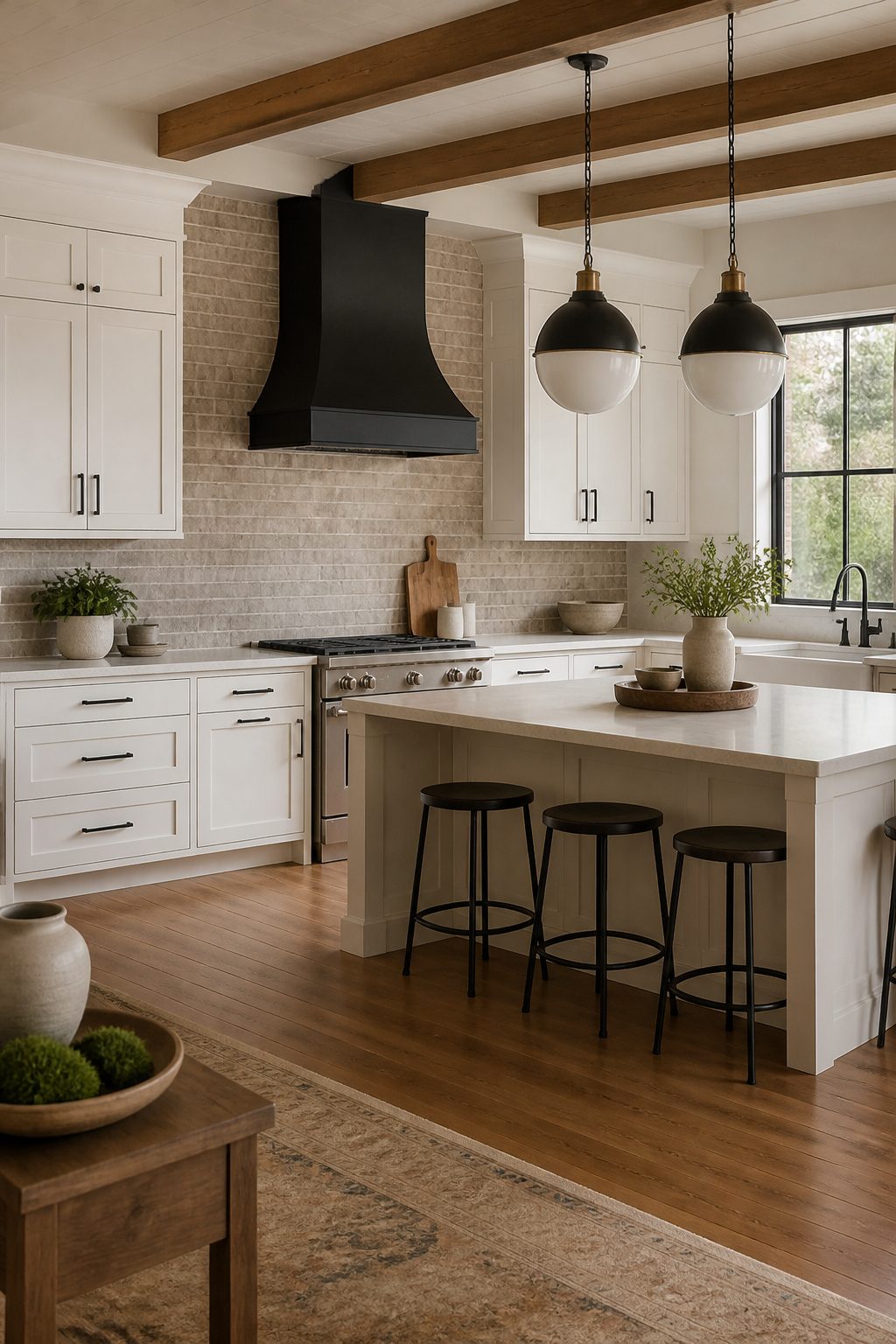 A kitchen featuring a painted brick accent wall behind a range hood.