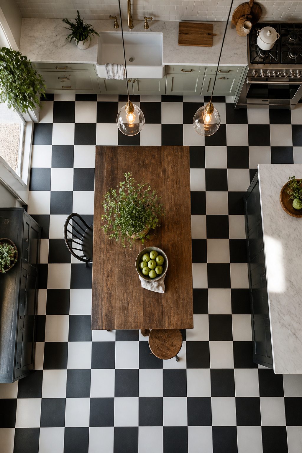 A kitchen with a checkerboard floor pattern in black and white.