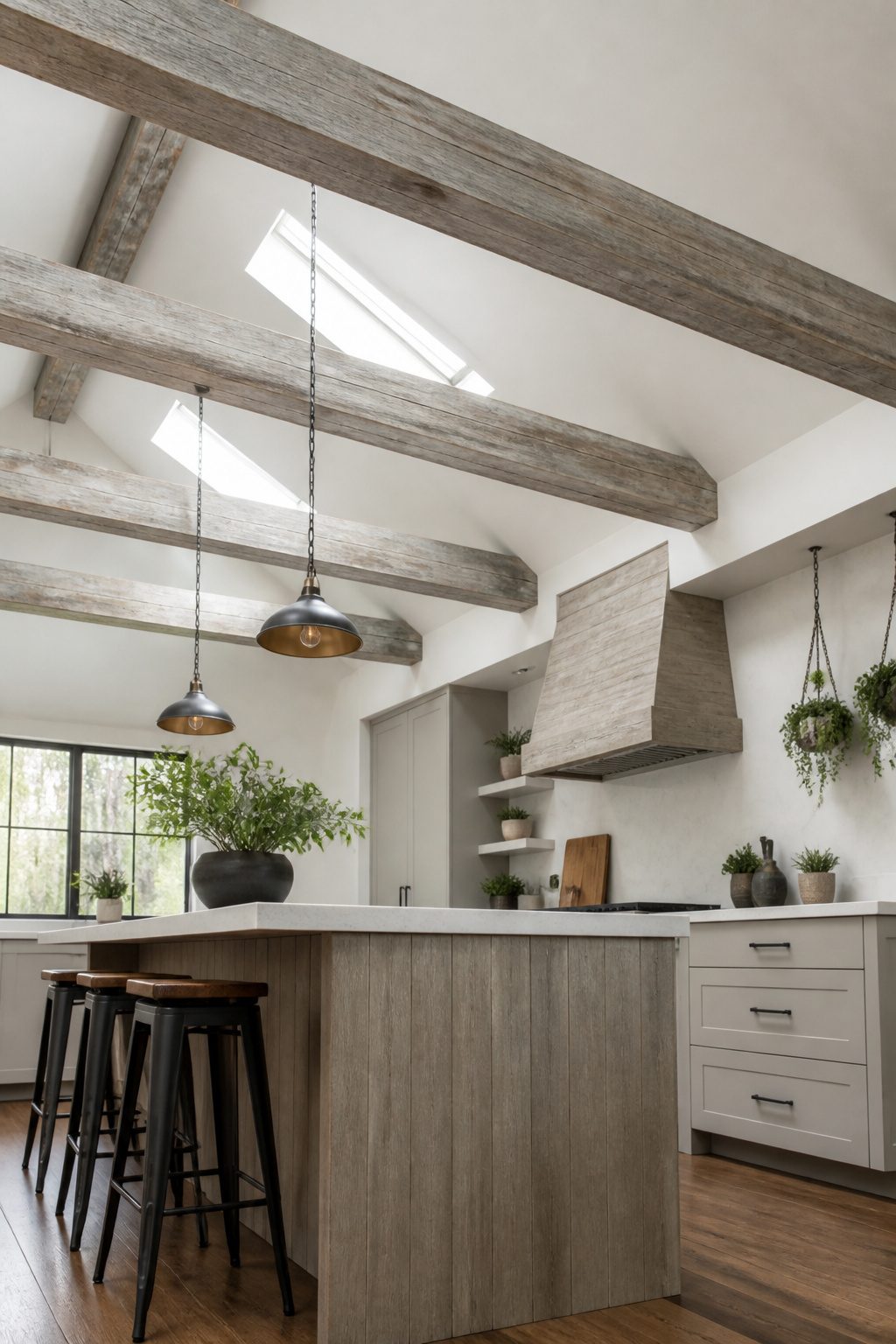 Distressed wood beams installed on a kitchen ceiling.
