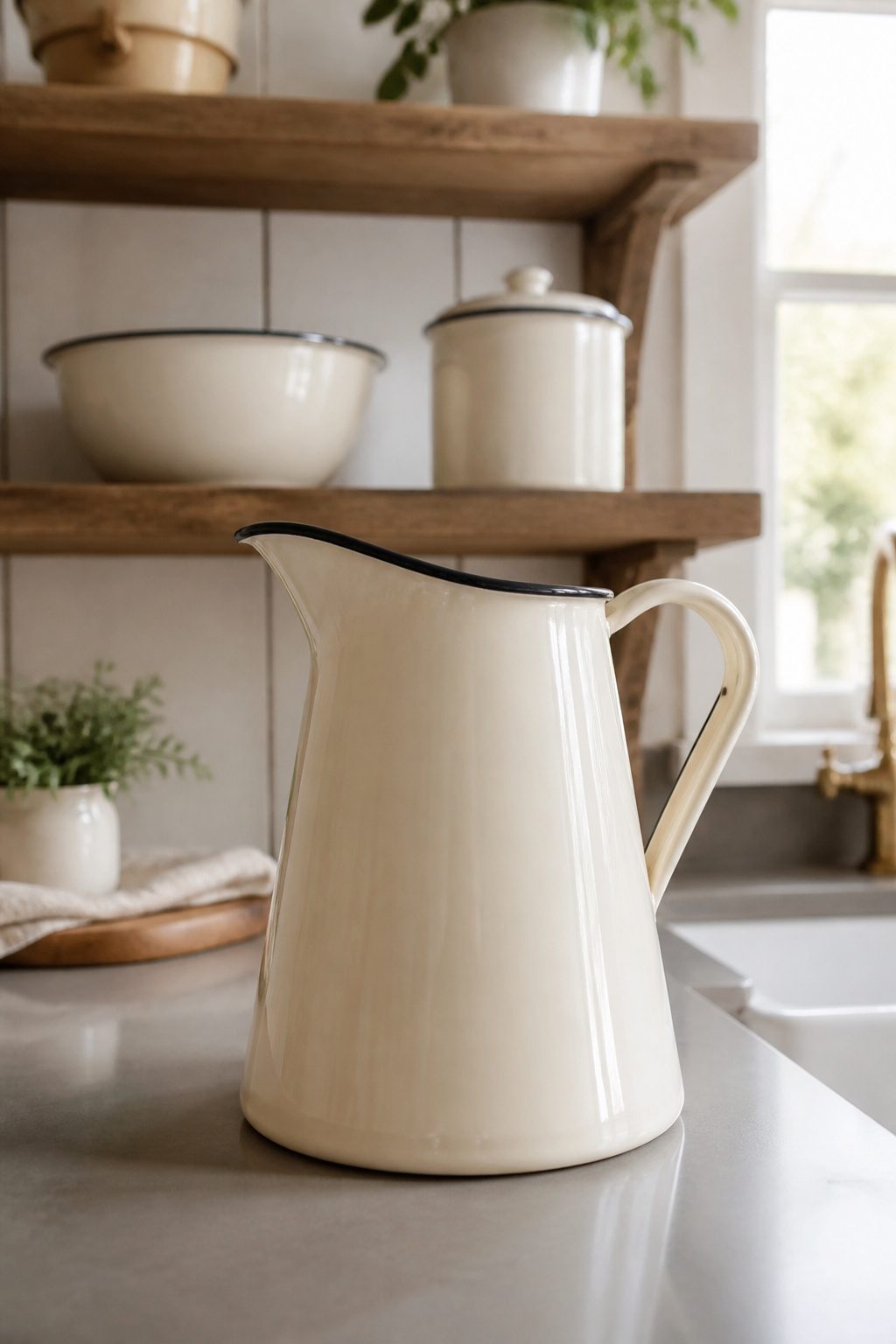 Open shelving displaying white enamelware accessories in a kitchen.