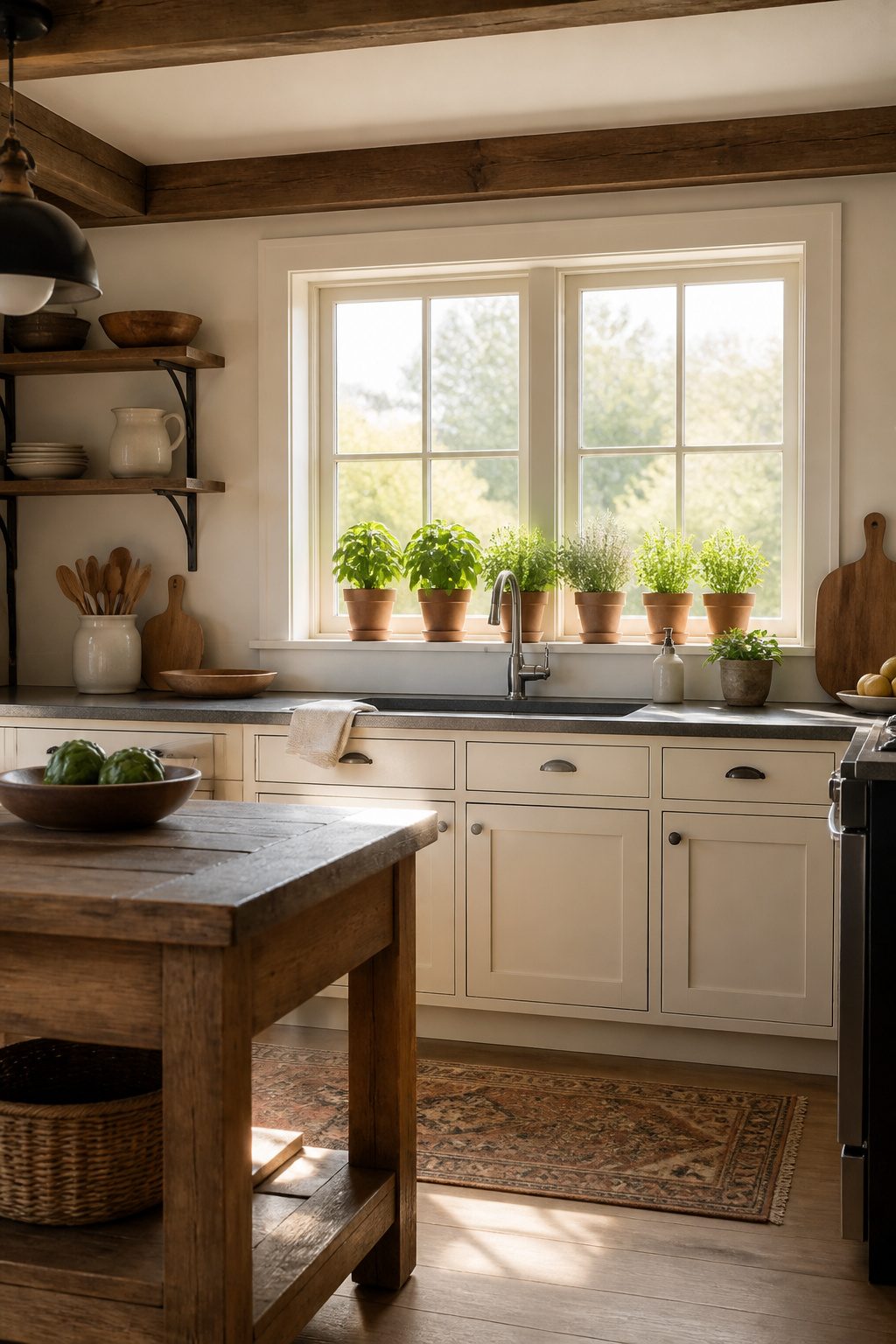 Herbs like basil and rosemary planted in terracotta pots on a windowsill.