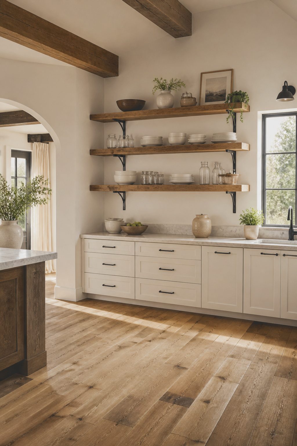 Thick floating wood shelves holding dishes and glassware in a kitchen.