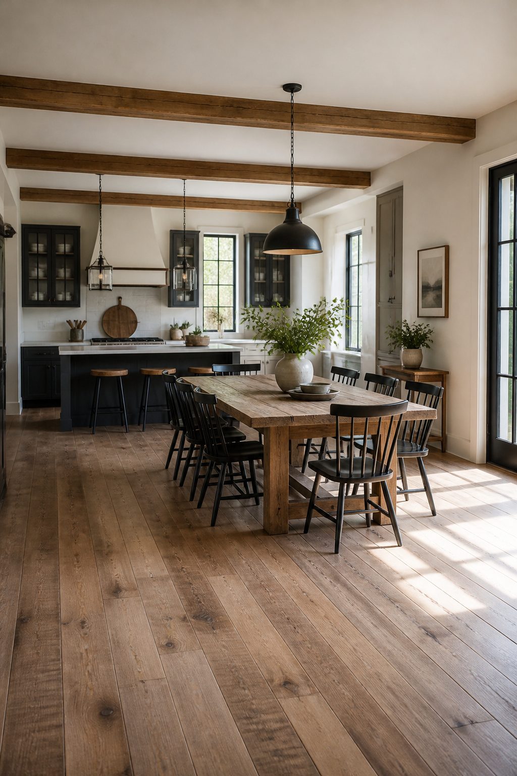 A reclaimed wood dining table set in a modern farmhouse kitchen.
