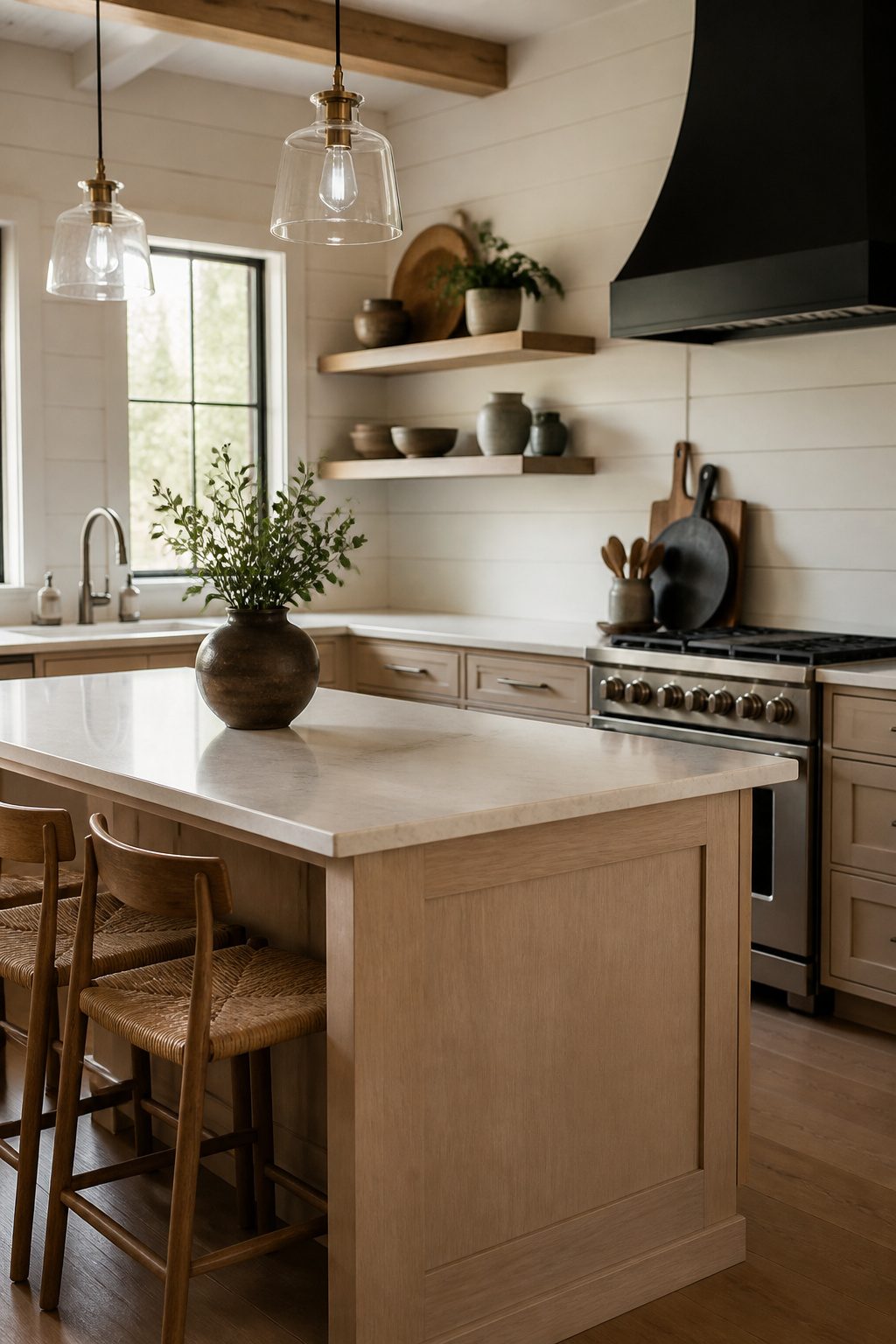 A kitchen with shiplap walls painted in Sherwin Williams Aesthetic White.