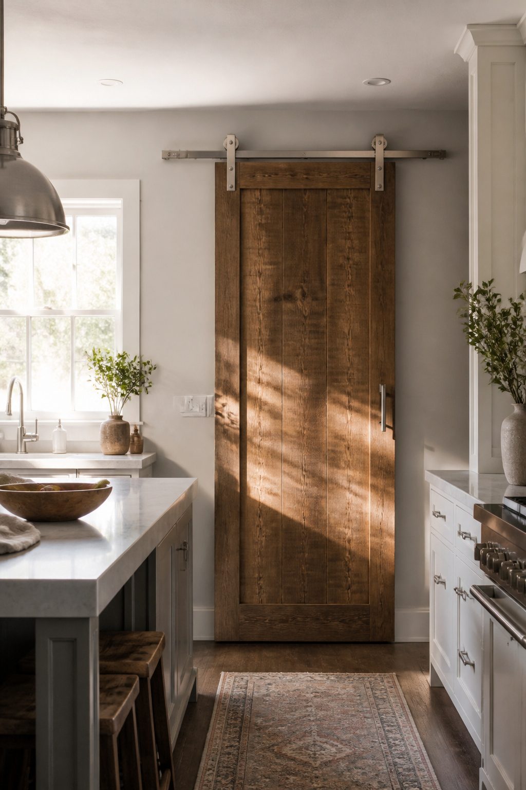 A reclaimed wood sliding barn door in a modern farmhouse kitchen.