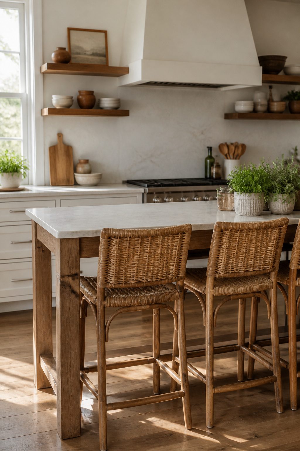 A kitchen island with natural rattan chairs and a light stone countertop.